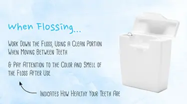 Flossing tips: work down the floss using a clean portion between teeth, and notice the color and smell of the floss after use