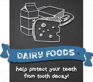 Illustration of milk and cheese: dairy foods help protect your teeth from tooth decay