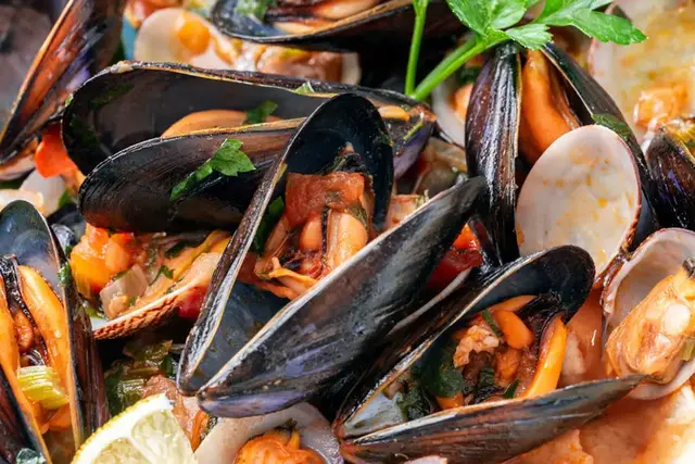 Pan of steamed clams and mussels