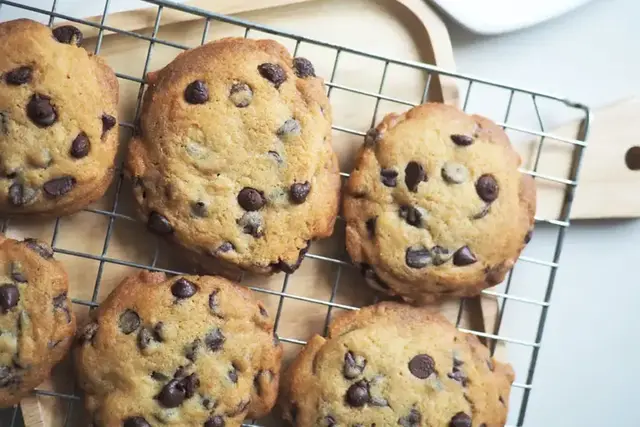 Chocolate chip cookies on a cooling rack
